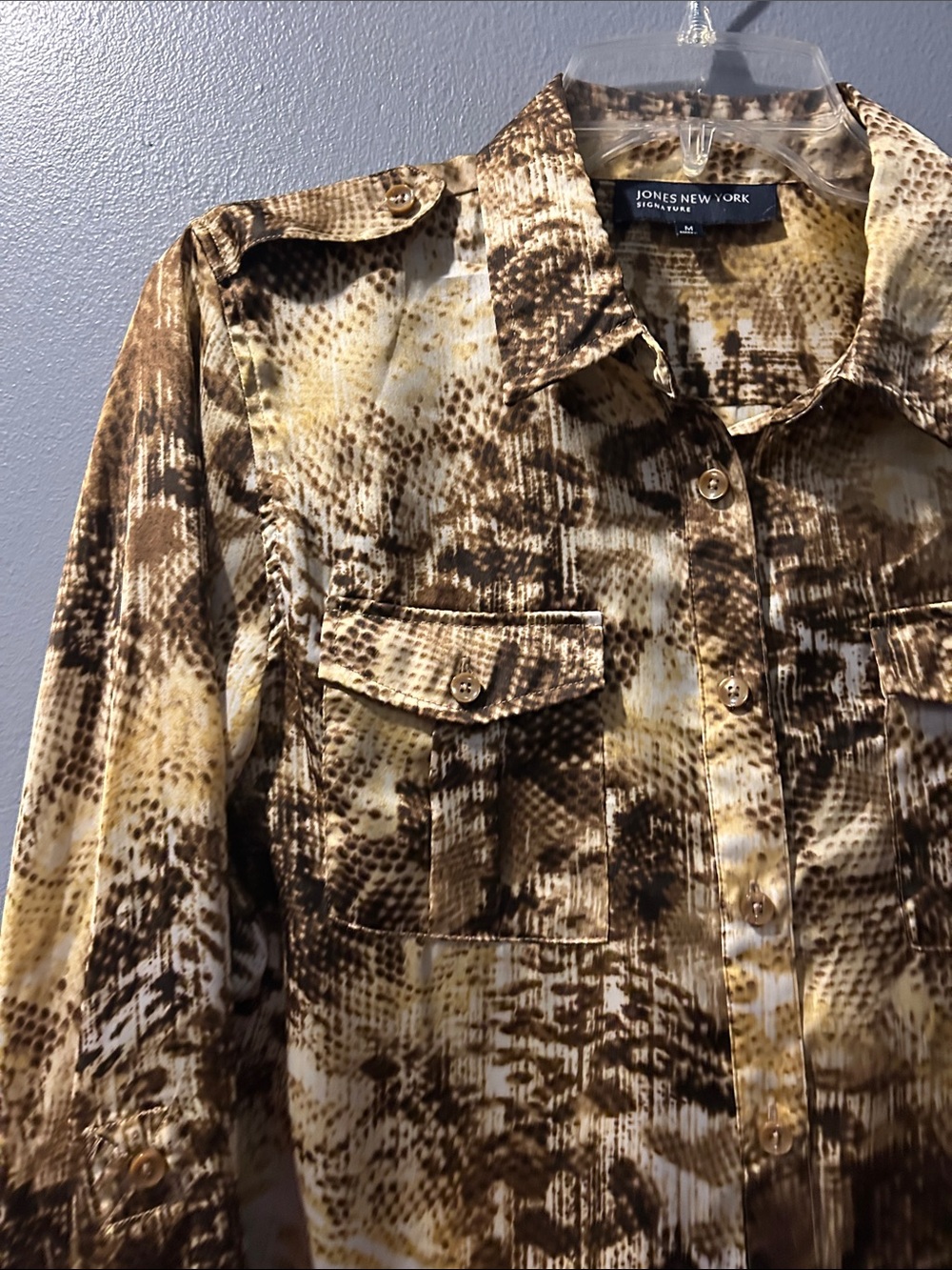 Jones New York Brown, Cream & Yellow Animal-Print Button-Up Blouse - Picture 4 of 8